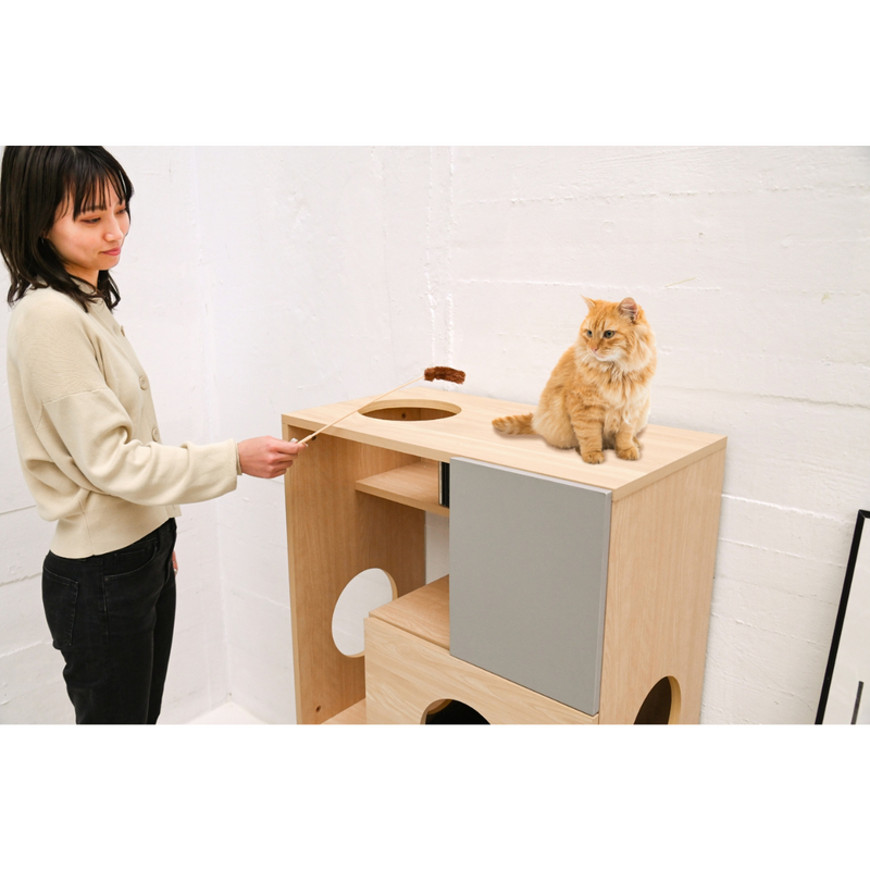 【お客様組立家具】猫 家具 おしゃれ 収納棚キャットウォーク 棚ペット用品 収納 キャットクローゼット 猫用トイレ 隠せる 収納ラック キャットタワー 幅 70 高さ110　FNK-0002-NAGY