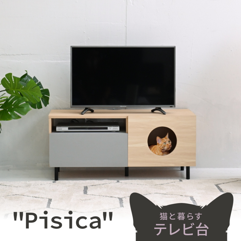 お客様組立家具】テレビ台 猫 家具 40型対応 幅 100 ペットハウス 収納キャビネット キャットトイレタリー ペット家具  キャットハウス　FNK-0001-NAGY