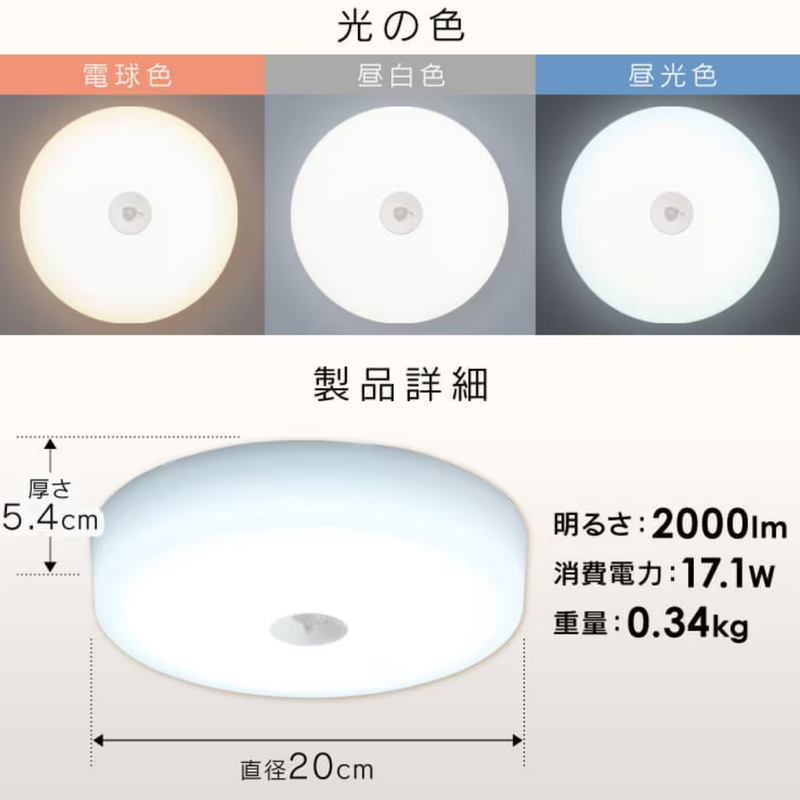 アイリスオーヤマ　LED小型シーリングライト 人感センサー